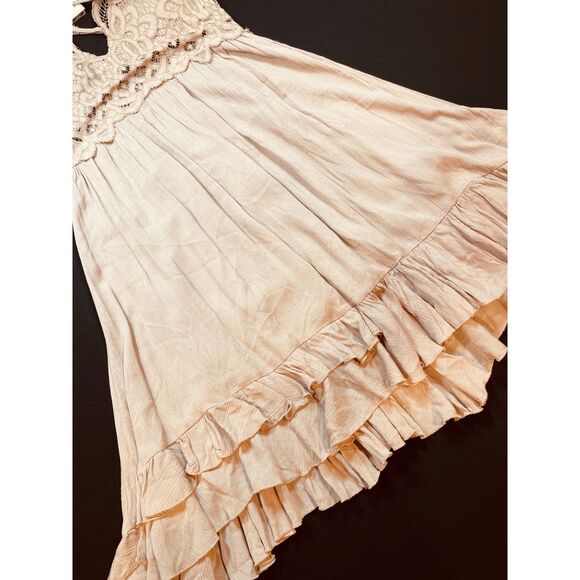 ~ Boho Sundress Le Miel Crochet Med Beachy Tan Mini Slip Dress Layered Bralette - Picture 4 of 16